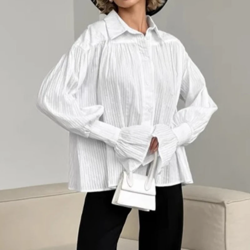 Camicia corta elegante bianca nuova chic da donna Manica lunga svasata a petalo Bavero con volant a pieghe Camicia monopetto dolce a-line Top