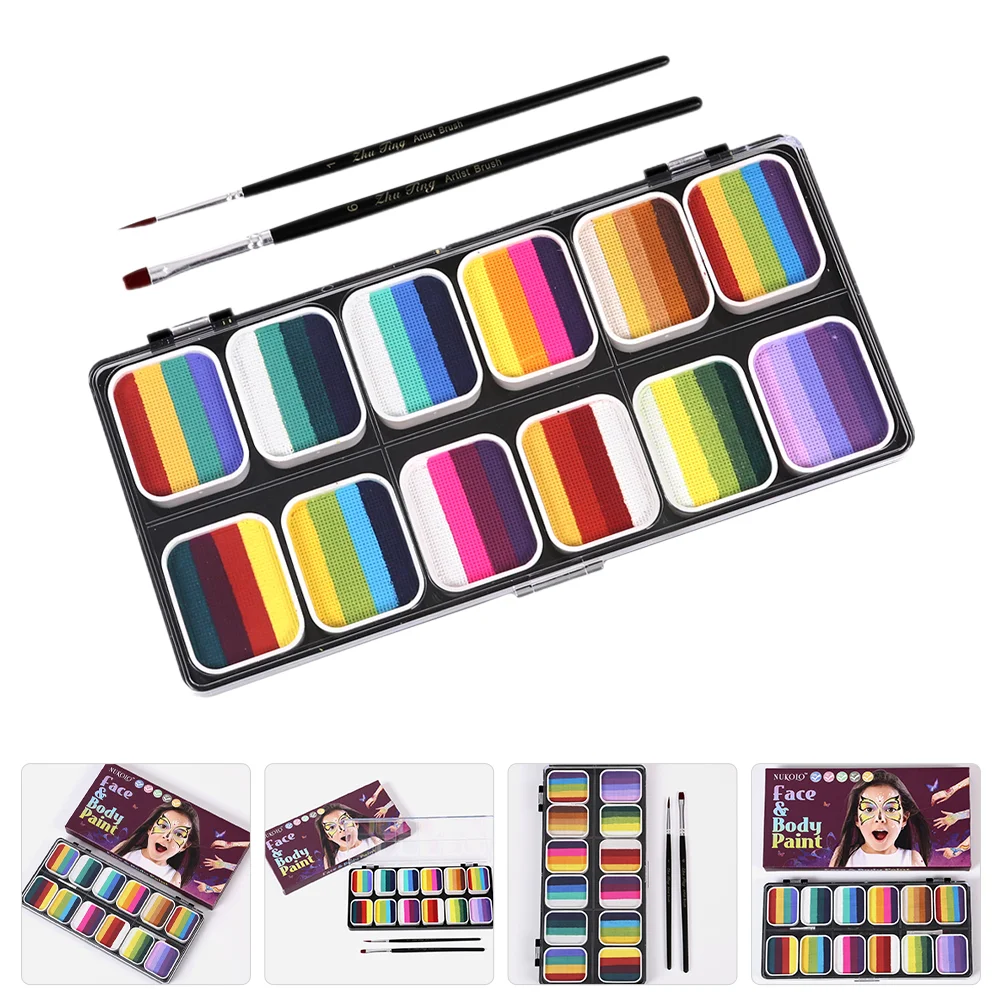 Juego de pintura de tiras de arcoíris lavables con degradado de 12 colores, Kit de pinturas faciales para niños, paleta de maquillaje para Halloween, cuerpo de bolígrafo