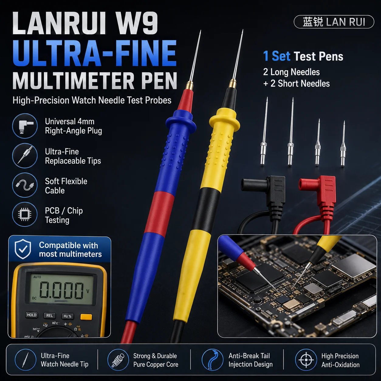 

LANRUI W9 Ultra-Fine Multimeter Test Probe Pen Set, 2 Long 2 Short Watch Needle Tips, 4mm Right-Angle Plug for PCB Chip Repair
