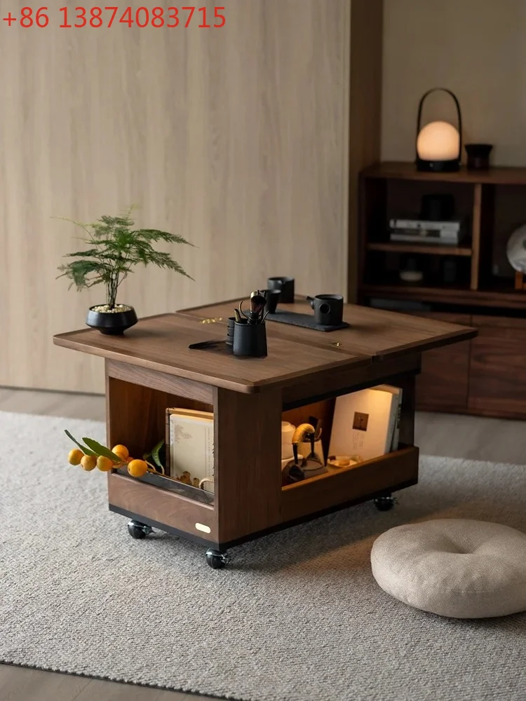 Sofa side cabinet foldable flip solid wood movable trolley rotating coffee table