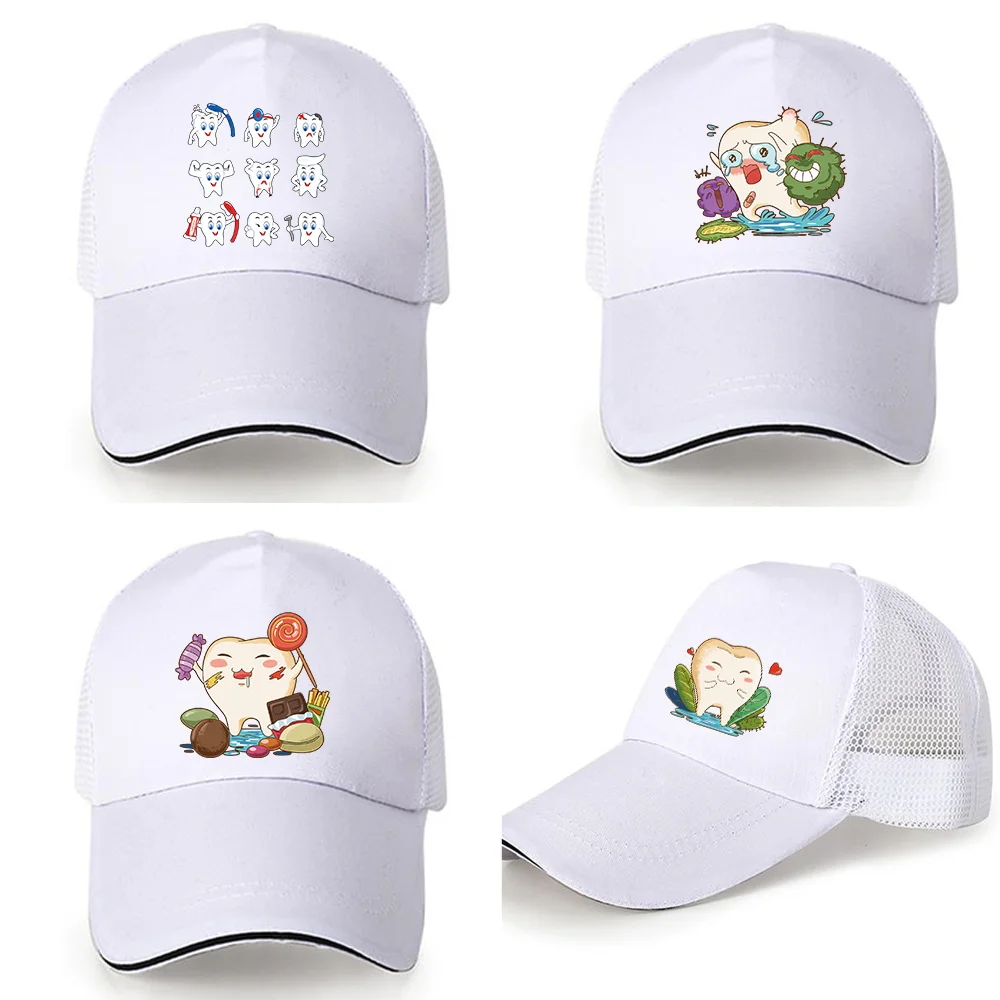 Sun Hat Unisex Baseball Caps Sport Mesh White Snapback Cap Summer Mesh Hats Hip Hop Golf Outdoor UV Protection Hat Teeth Pattern