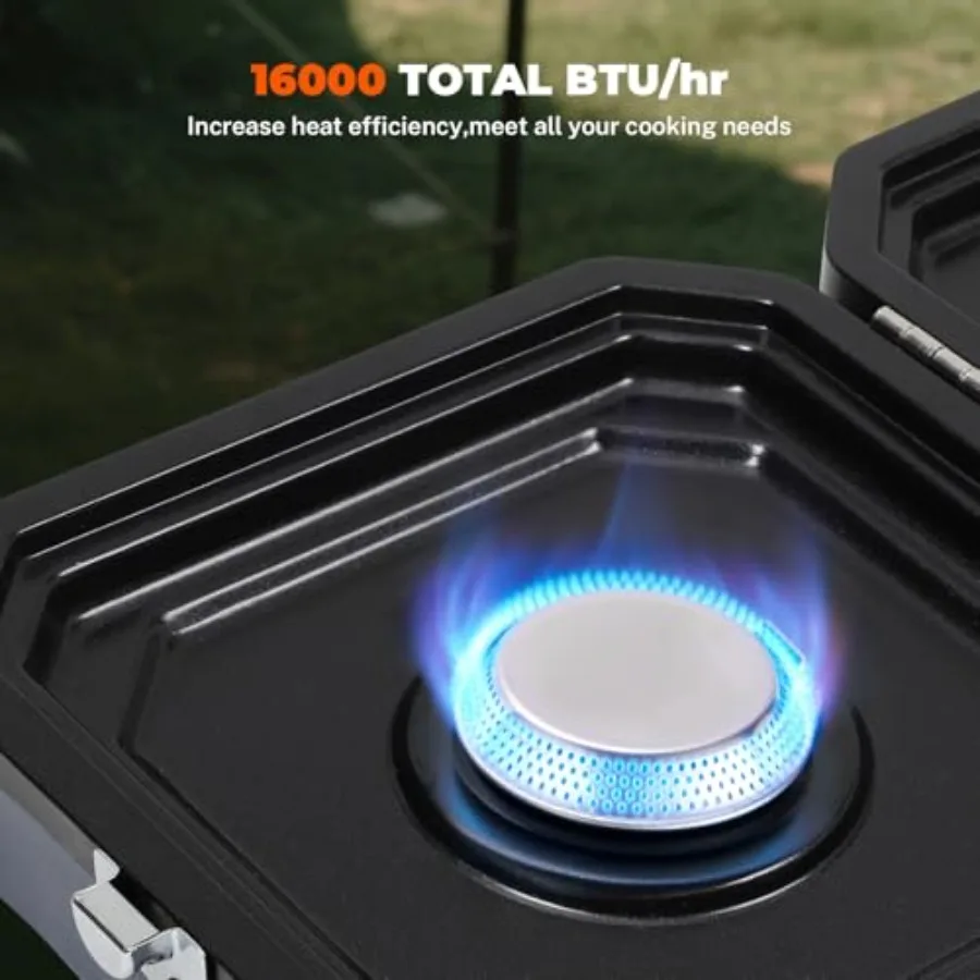 موقد بروبان محمول قابل للتعديل بشعلتين مع وحدة حرارية بريطانية 16000 وحدة حرارية بريطانية وإشعال بيزو للتخييم في الفناء الخلفي للشواء يتضمن مدمجًا