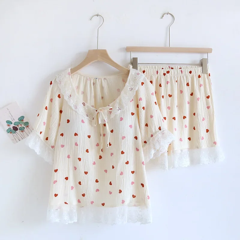 

Новинка 2023 года, летний женский пижамный комплект, 100% хлопок, шорты с короткими рукавами и подушечками на груди, свободная домашняя одежда из двух предметов, женская одежда