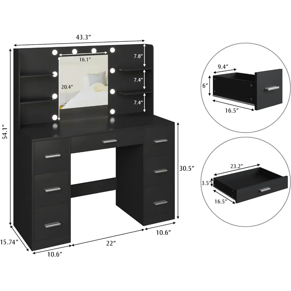 Toaletka z lustrem, gniazdem zasilania i 10 oświetleniem, toaletka z 7 szufladami, 3 tryby kolorów dostępnych do sypialni, czarna