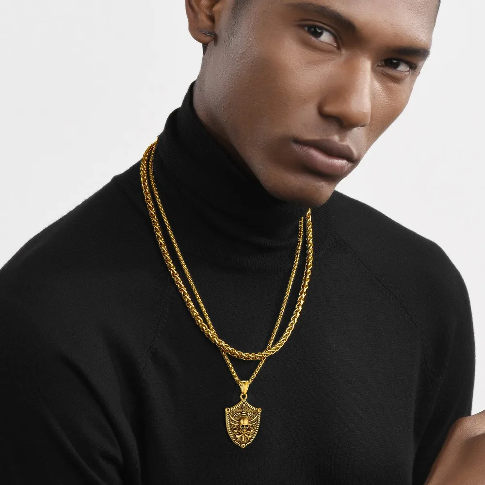 U7 Stainless Steel Shield Necklaces for Man Woman Skull Skeleton Cross Bible Verse Protection Amulet Unisex Gothic Punk Jewelry