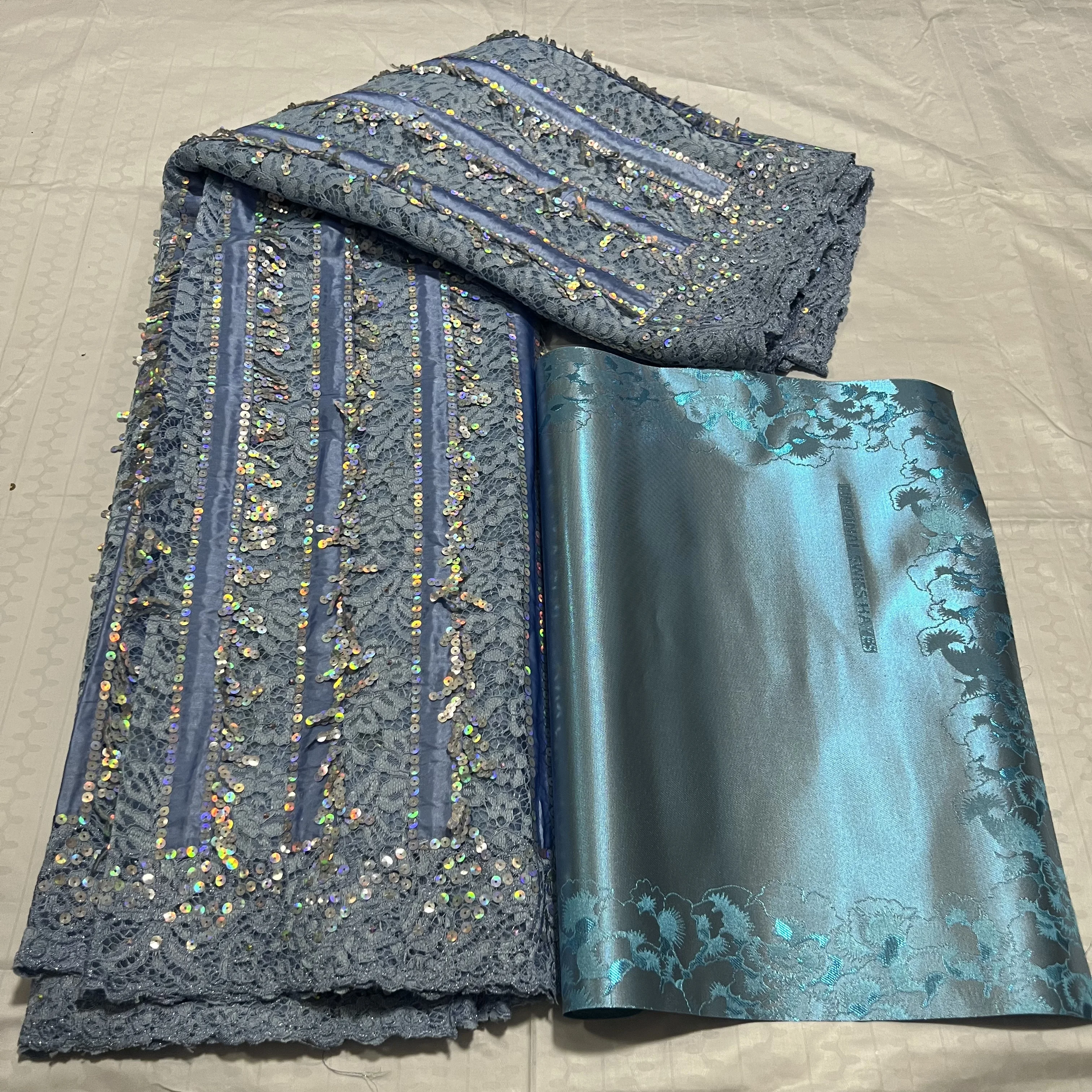 5 Yards Luxury Guipure French Lace Fabric With Sequins Embroidery 3D Sego Gele Hayes Headtie Wrap 2Pcs - Lace Material
