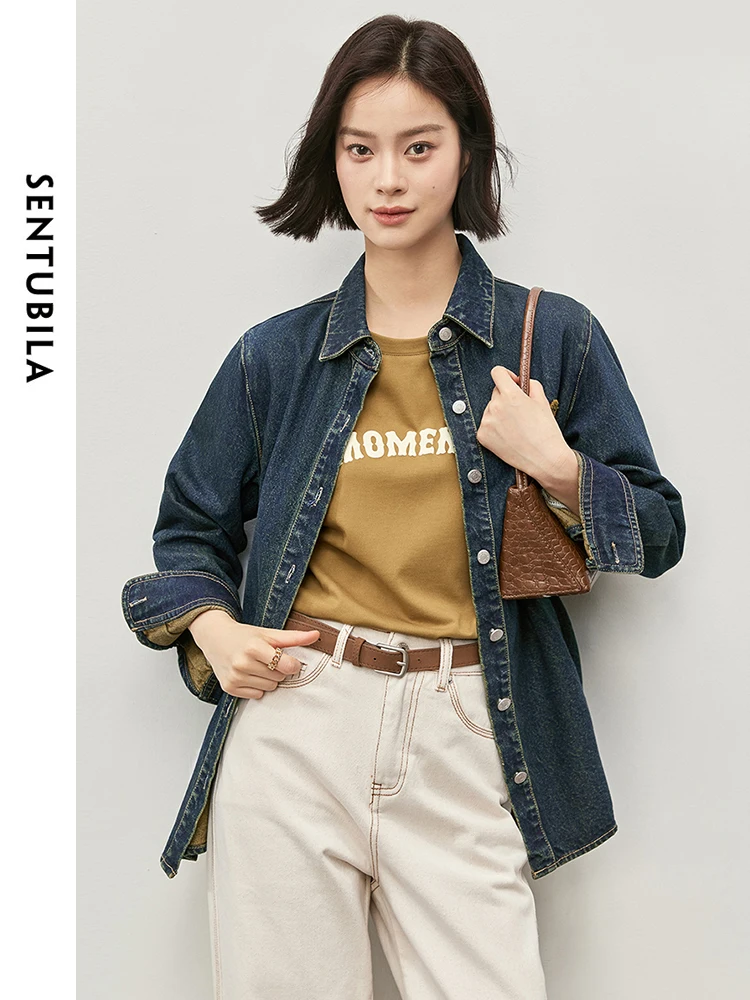 SENTUBILA Women 100% Cotton Denim Shirt  2024 Autumn Fashion Drop Sleeve Letter Embroidery Carving Metal Button Tops W43C56326