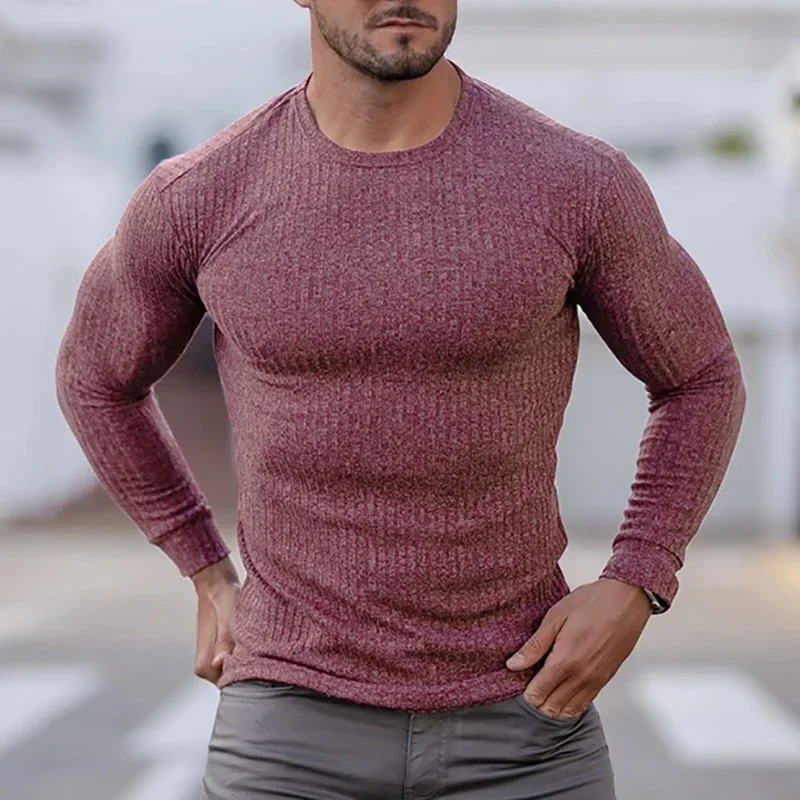 Spring Autumn Knitted Exercise Long Sleeved T-shirts Mens Round Neck Slim Fit Running Casual Gym Training Sports Tees Shirt