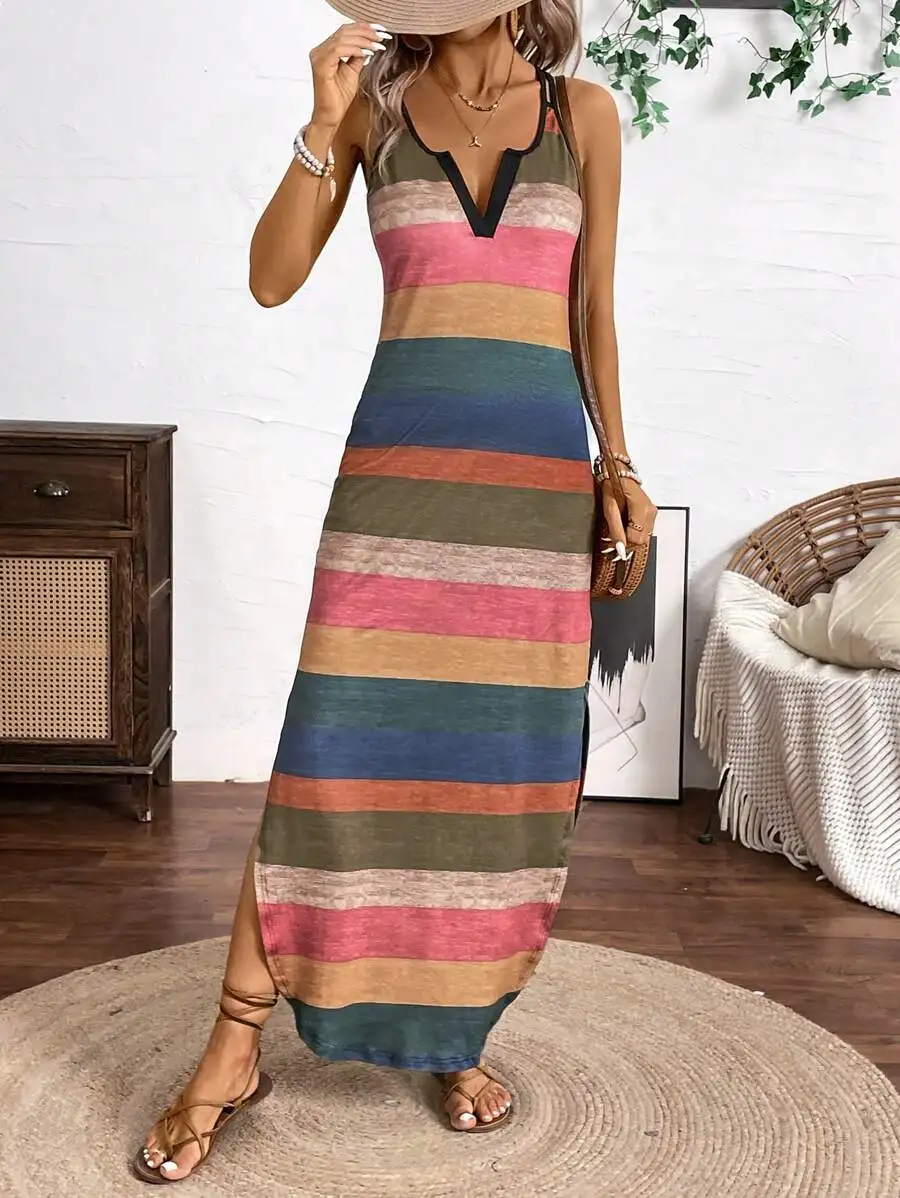 

Multi-Color Horizontal Striped Spaghetti Strap Maxi Dress with V-Neck and Side Slit