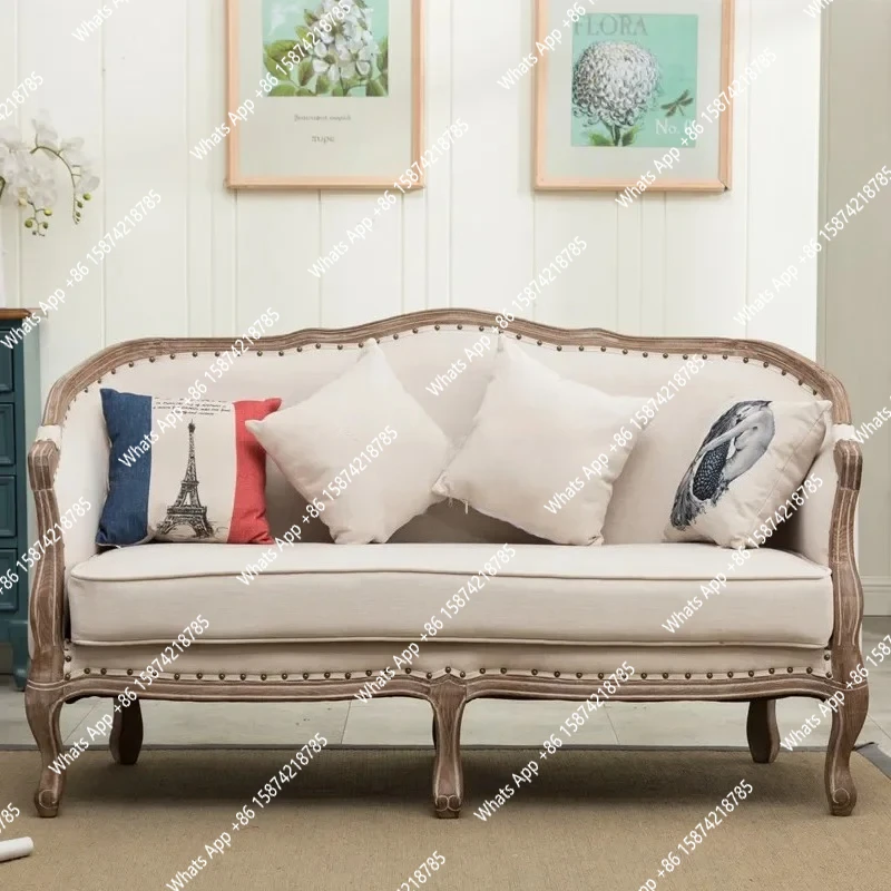 Ln American Country Fabric Solid Wood Sofa Small Apartment Living Room Furniture French Retro Couch