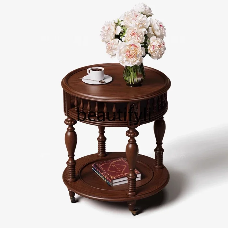 

zqxFrench retro solid wood trolley American living room movable coffee table medieval style side table