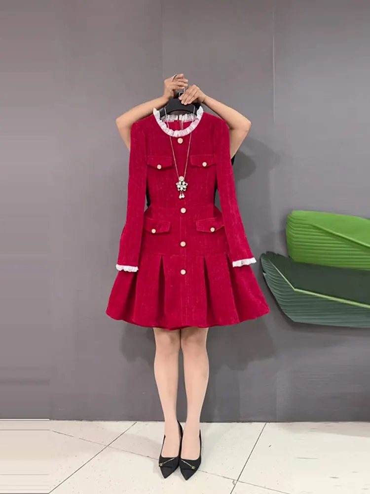 plus Size Color Blo Collar Long Sve Waist Cinched Little Bla Dr Red Ele Ladylike Dr Commute Sle A-Line Skirt