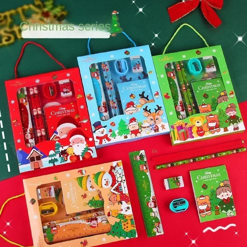 Kit de papelaria de natal fofo, material de aprendizagem infantil, seis peças, ferramentas de escrita para estudantes, material escolar, papelaria de férias