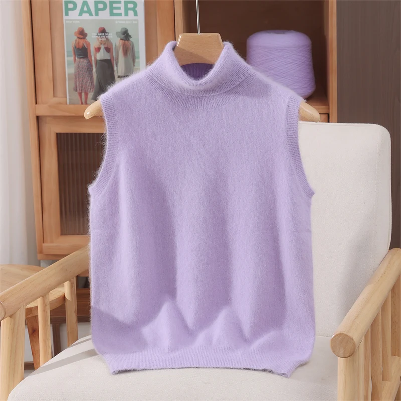 Chic Sweet Style Women's Vest Turn-Down Collar Sweater 100% Mink Cashmere Soft Warm Sleeveless Pure Color Casual Autumn Winter