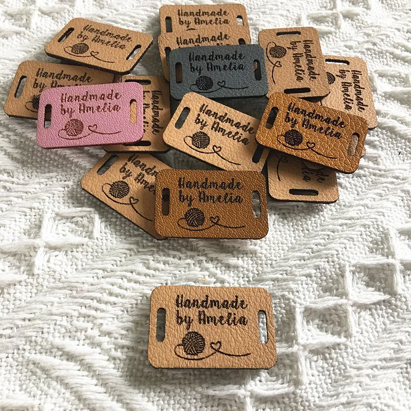 30pcs Leather labels for handmade items Custom logo tags for Knit clothing Personalised sewing crochet hats label Laser engraved