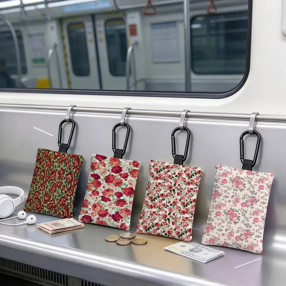 Beautiful Roses Waterproof Pouch Slim Coin Purse With Carabiner Change Wallet For Students & Commute