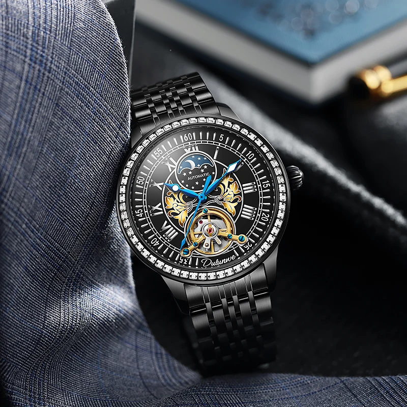 High Quality Luxury Black Steel Men's Watches Moon Phase Tourbillon Hollow Steel Skeleton Mechanical Watch Automatic Movement