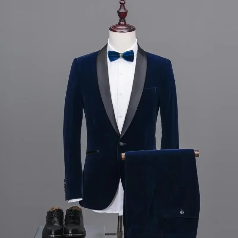 Formal Business Men Suits For Wedding 2 Pcs Groom Tuxedo Shawl Lapel Male Velvet Smoking Blazer With Trousers Fashion Costume image 4