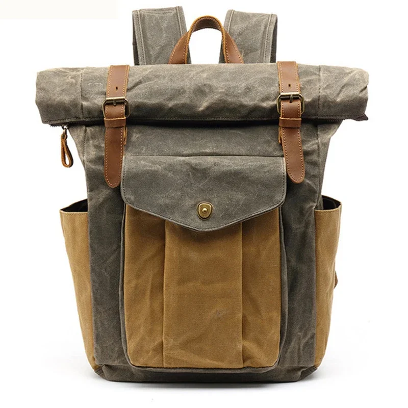 

Vintage Waterproof Waxed Canvas Men's Backpack Genuine Leather Women Backpack large Rucksale teenager Travel Bag Big bagpack