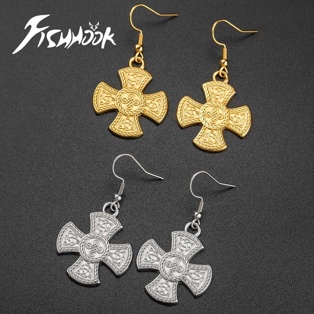 Four Arm Celtic Irish Knot Cross Drop Earrings Supernatural Amulet Gift For Women Men Gold Color Stainless Steel Party Jewelry