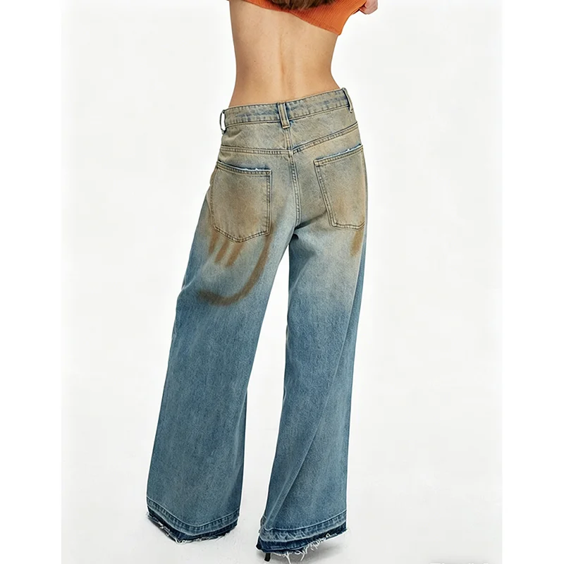 Women's High-Waist Wide-Leg Jeans Loose Casual Style American Vintage Dirty Look Trendy Streetwear Long Straight Pants