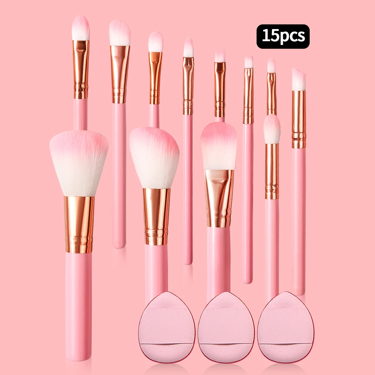 15PCS Makeup Brush Cushion Puff Set Pink Kabuki Foundation Powder Concealer Eyeshadow Eyebrow Brushes Mini Triangle Puff