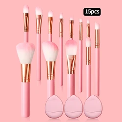 15PCS Makeup Brush Cushion Puff Set Pink Kabuki Foundation Powder Concealer Eyeshadow Eyebrow Brushes Mini Triangle Puff