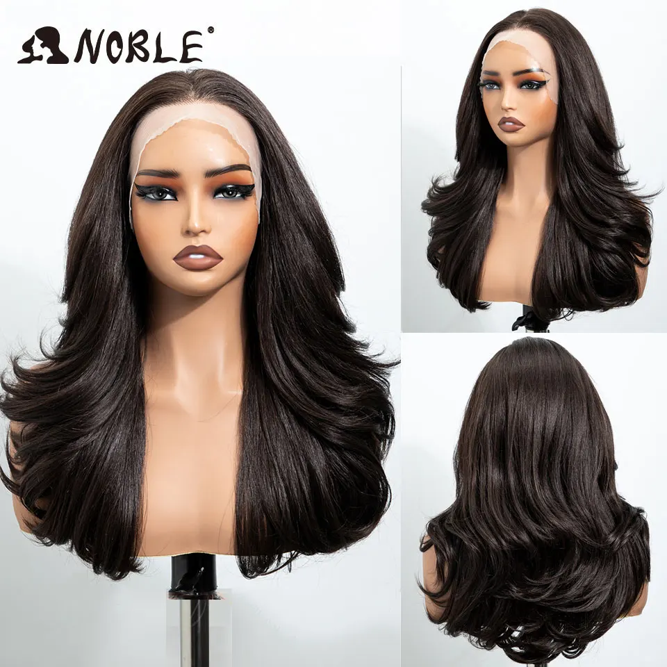 NOBLE 13x4 Synthetische Lace-Front-Perücke, 30 Zoll, Dunkelbraun, geschichtet, flauschig, gewellt, vorgezupfte Haarlinie, hitzebeständig, für Damen