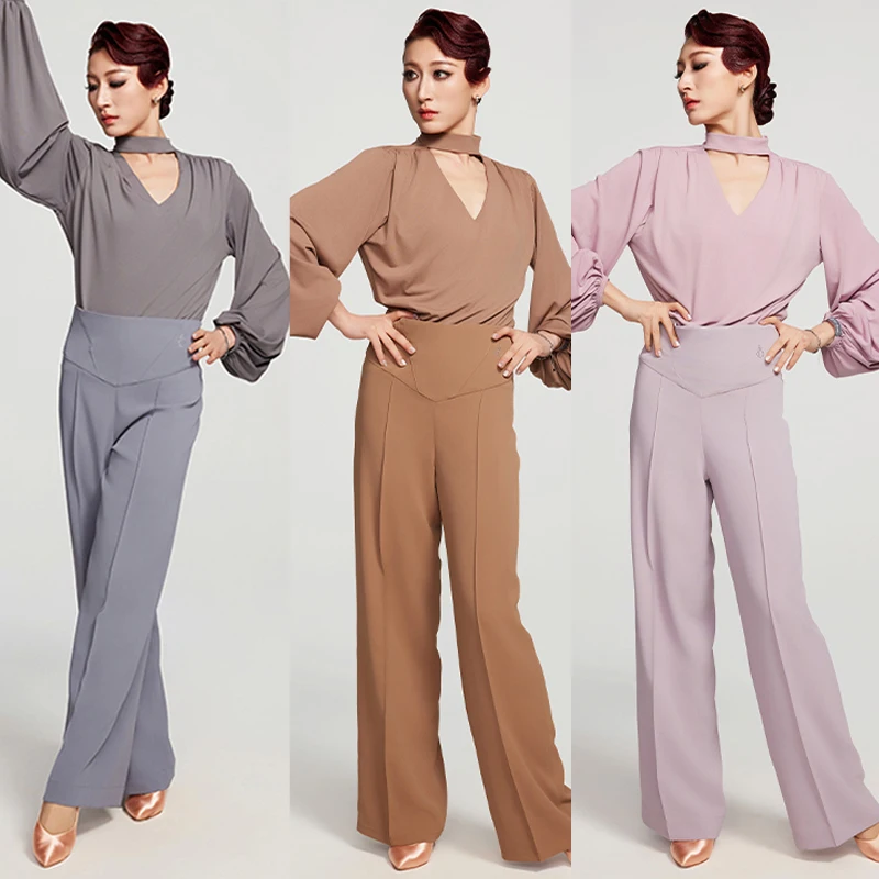 

New Modern Dancing Clothes Women Latin Dance Competition Costume Puff Sleeves Latin Top Ballroom Dance Pants Stage Suits SL12576