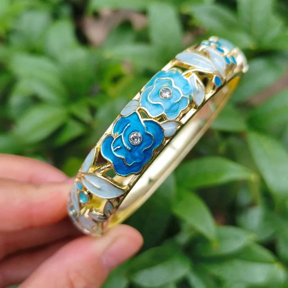 1.4cm Chinese Cloisonne Bracelet Recessed design Enamel Peony Filigree Flower Bangle Ethnic Traditional Women's Hand Bracelet