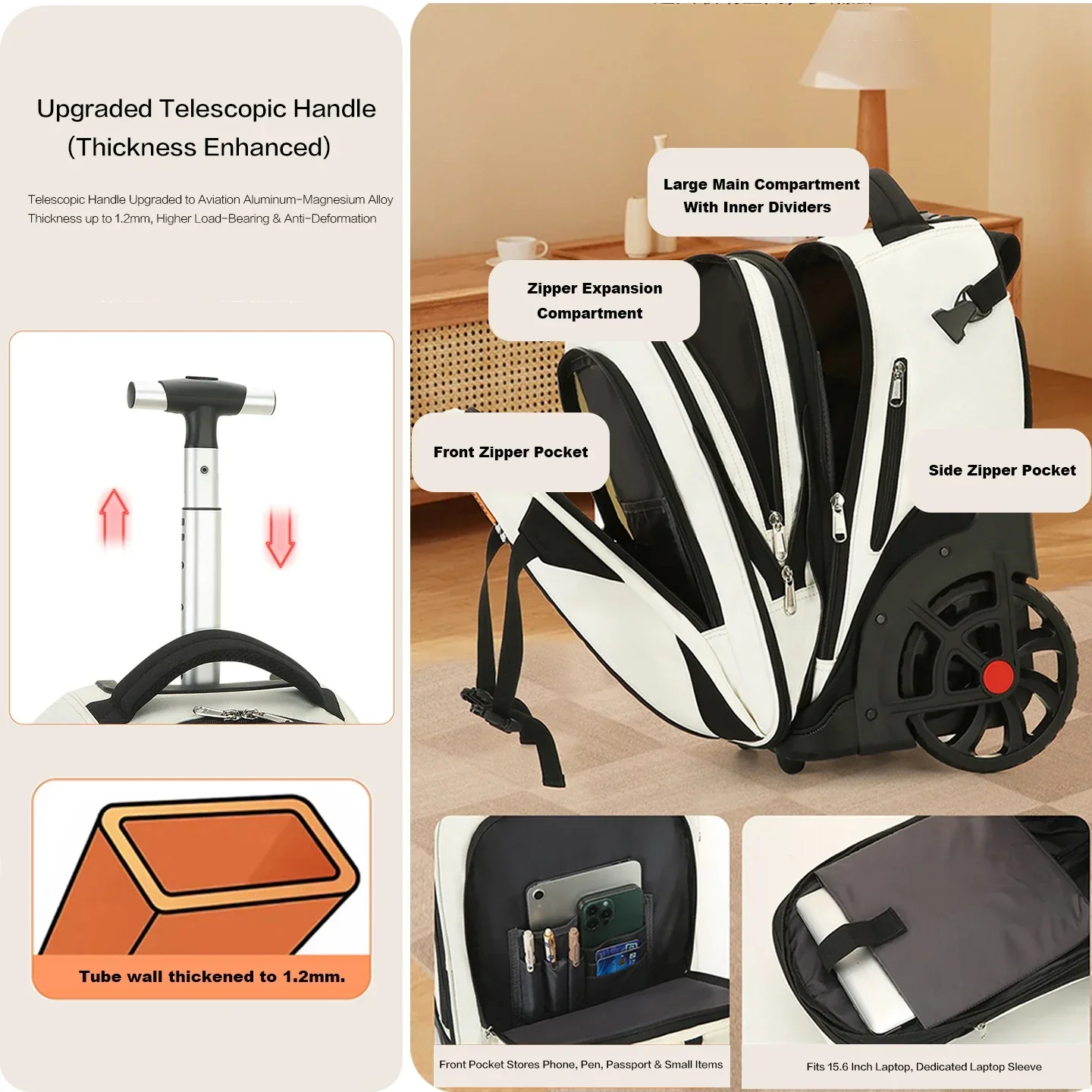 Wheeled Trolley Backpack Large Capacity Carry On Laptop Rolling Bag with Big Stair Climbing Wheels Business Travel School B