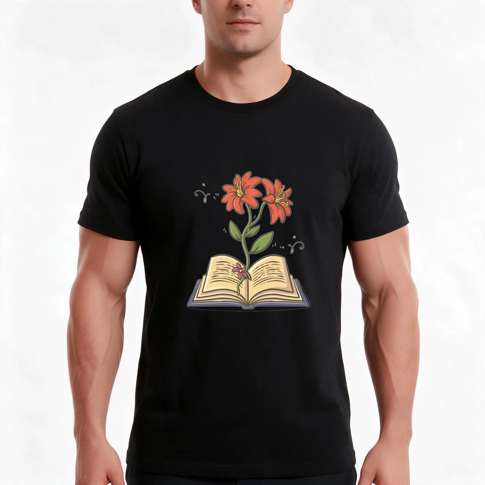 flowers growing from book T-Shirt, Summer Casual Cotton Tee, Oversized Streetwear Tops, Vintage Graphic Print, Unisex Men Women