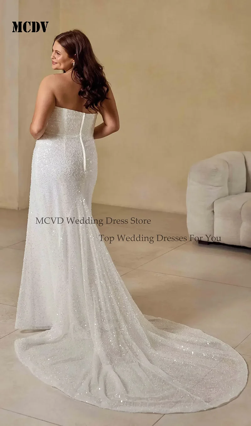 MCDV فستان زفاف ساحر بدون أكمام حورية البحر مقاس كبير للنساء بدون حمالات مطرز من التل فستان زفاف قابل للانفصال حسب الطلب