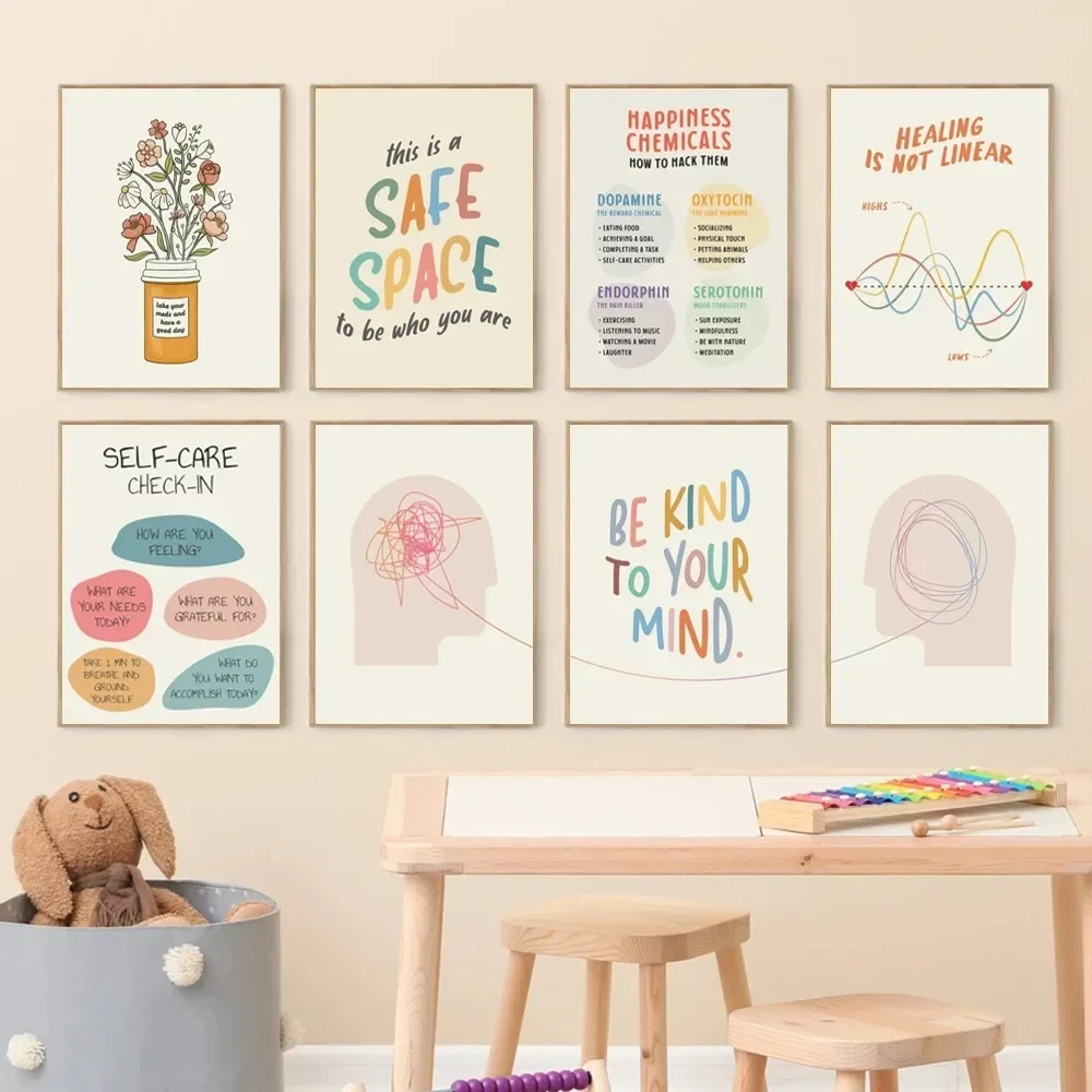 1PCS frameless Modern Therapy Counseling Be Kind To Your Mind Quotes Art Prints Mental Health Posters Canvas Painting Kids Offic