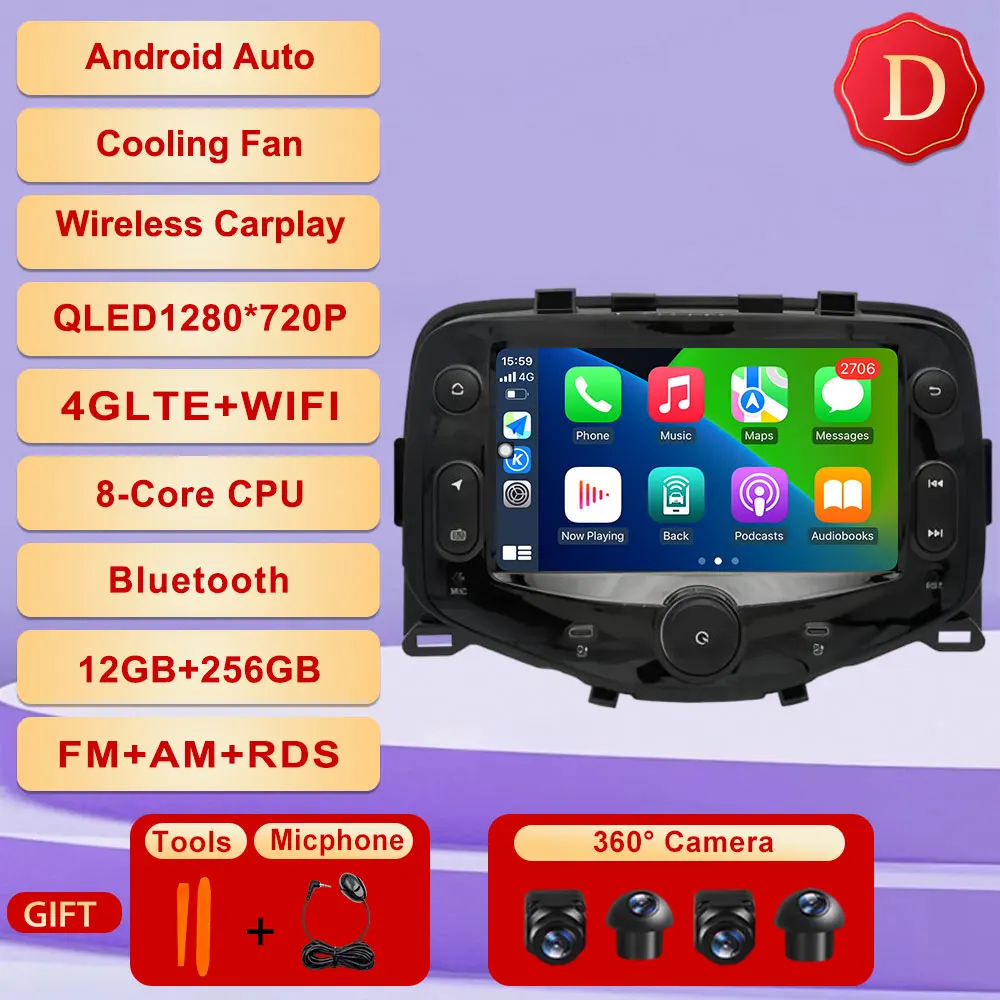 Android 15 Voor Toyota Aygo Peugeot 108 Citroen C1 2014-2021 Autoradio Multimedia Gps-navigatie Carplay Auto speler Bluetooth