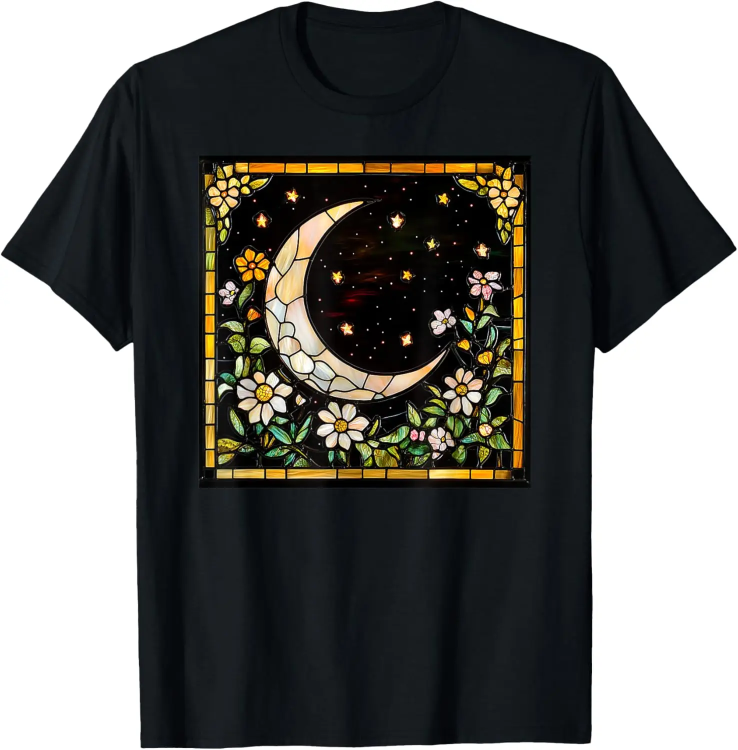 Moon Flowers Floral Stars Stained Glass Pattern Print T-Shirt