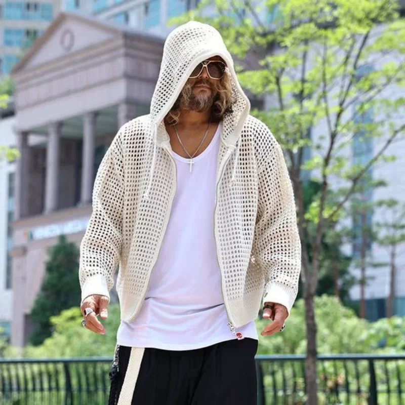 

Korea Hipster Hollow Out Men Hooded Jacket Long Sleeve Streetwear Hip-hop Loose Knit Cardigan Sun Protection Solid Coat Casual