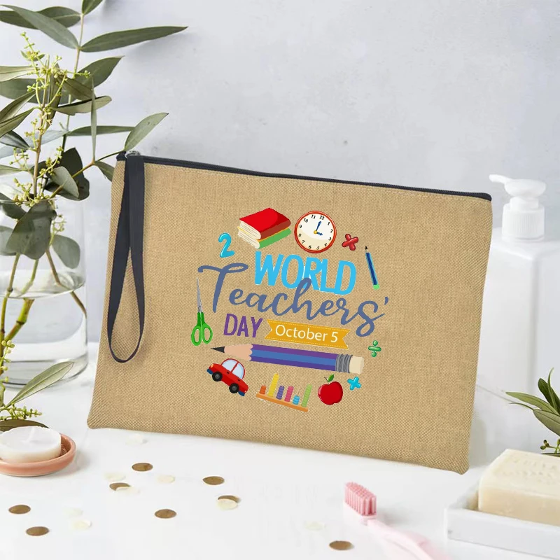 Happy Teacher's Day Gift Makeup Bag Women Linen Pencil Case Gift for Graduation Retirement Teachers Portable Organizer Pouch Bag