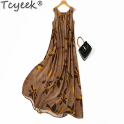 Tcyeek 100% abito da spiaggia in seta di gelso abiti eleganti da donna Maxi abiti per le donne 2024 vestiti estivi senza maniche Vestido Mujer