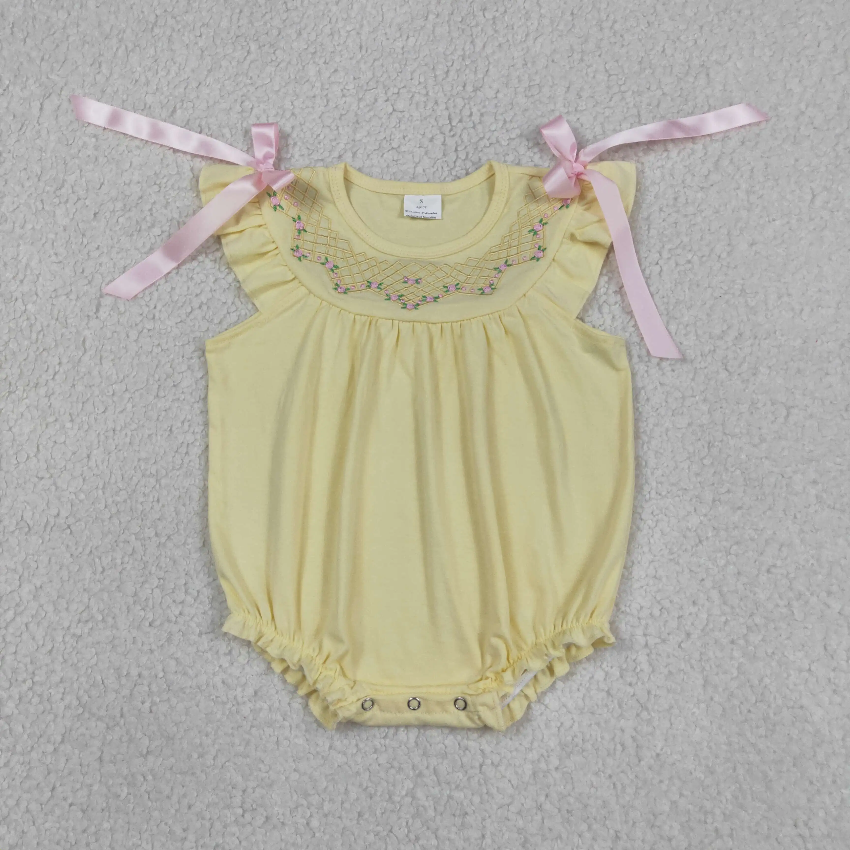 Wholesale Newborn Embroidery Floral Bubble Romper Toddler Kids Short Sleeves Stripes Clothes Baby Girl Children Yellow Clothing
