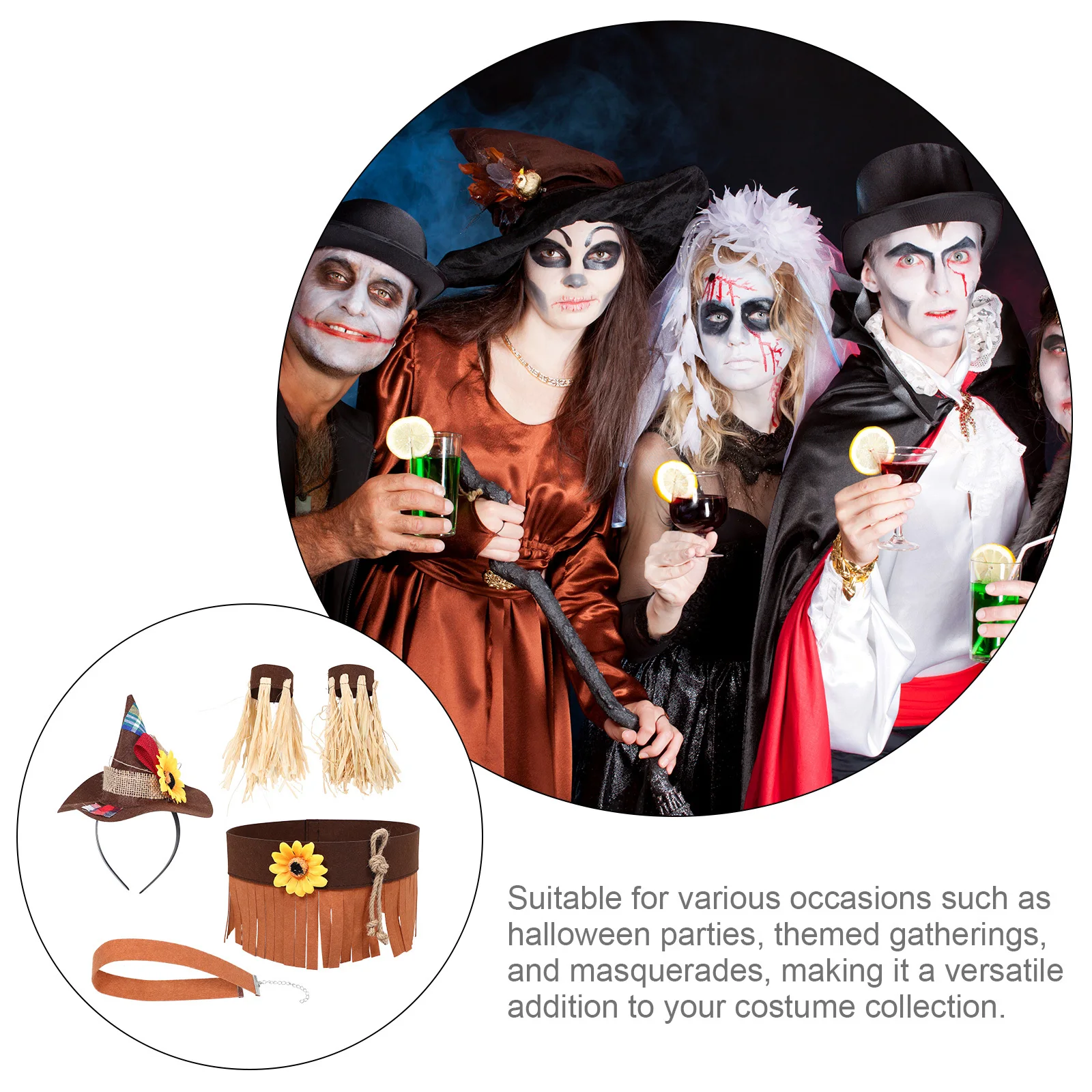 Zestaw kostiumu stracha na Halloween: filcowy kapelusz czarodzieja, opaska, słomiane mankiety, akcesoria na imprezę, karnawał, święta i uroczystości.