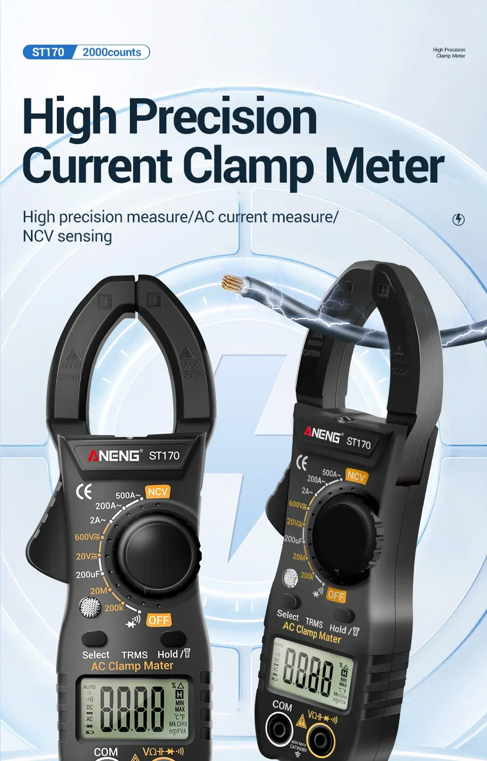 

Professional ANENG ST170 Clamp Meter Digital Multimeter AC DC Current Voltage Amp Resistance Capacitance Tester Tool Kit