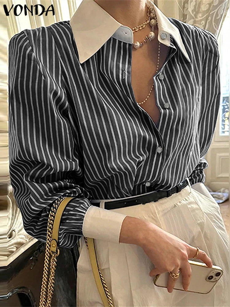 Plus Size 5XL VONDA Women Stripe Patchwork Shirts Casual Long Sleeve Tops 2024 Oversized Open Up Simple Tunic Elegant Blouse