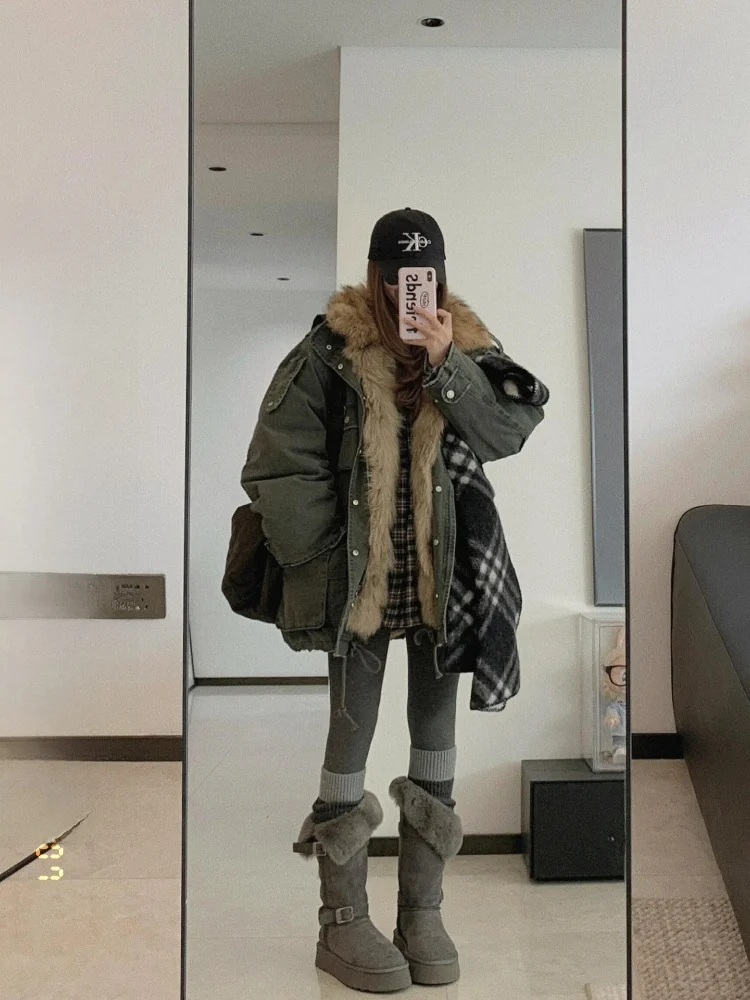 

Ретро-куртка-кардиган из меха и ткани в стиле рабочей одежды, зимняя, новая, свободного кроя, повседневная, теплая, на молнии, для женщин