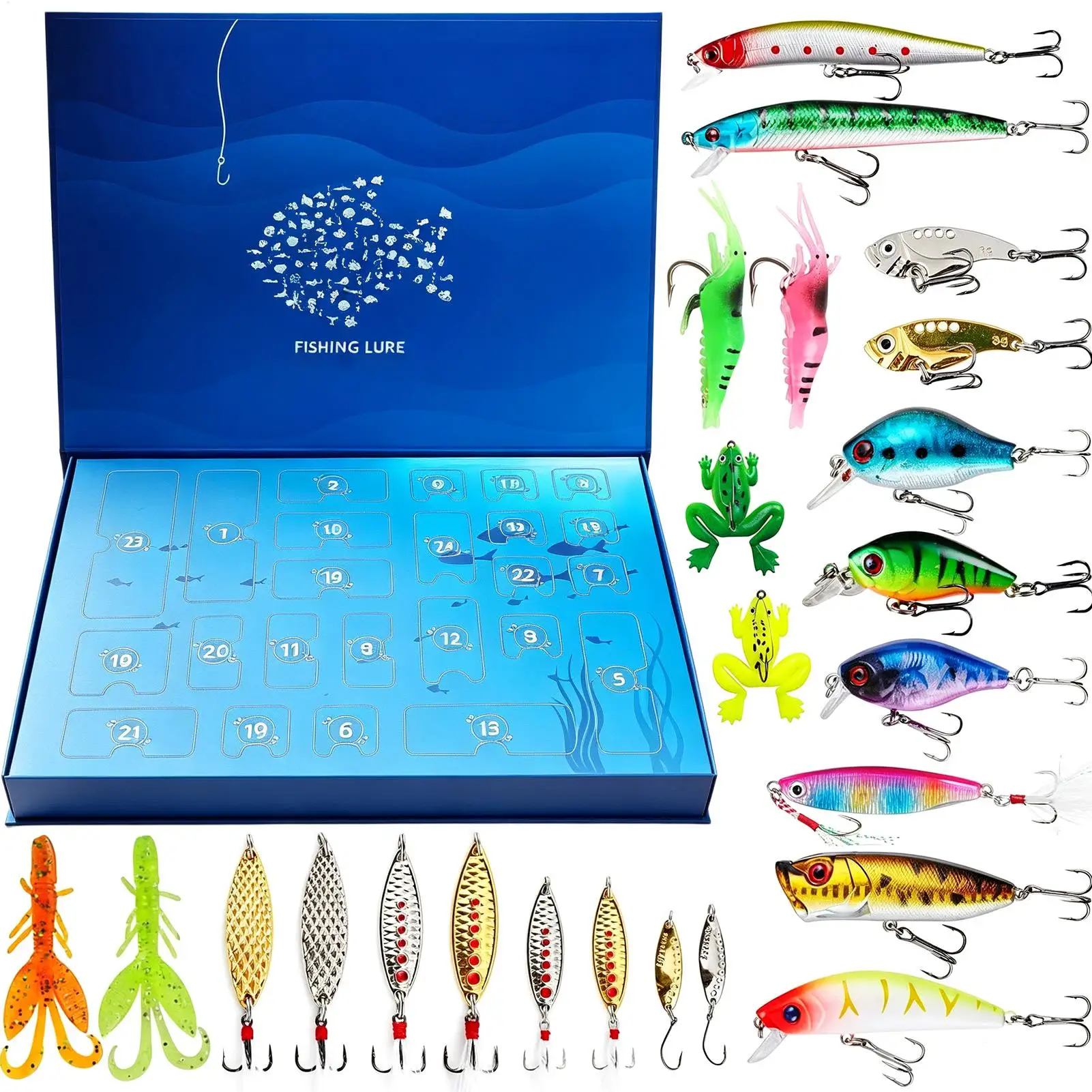 24 Days Christmas Fishing Bait Advent Countdown 24pcs Christmas Fishing Fishhook Realistic Fishing Lures Box Christmas Gifts