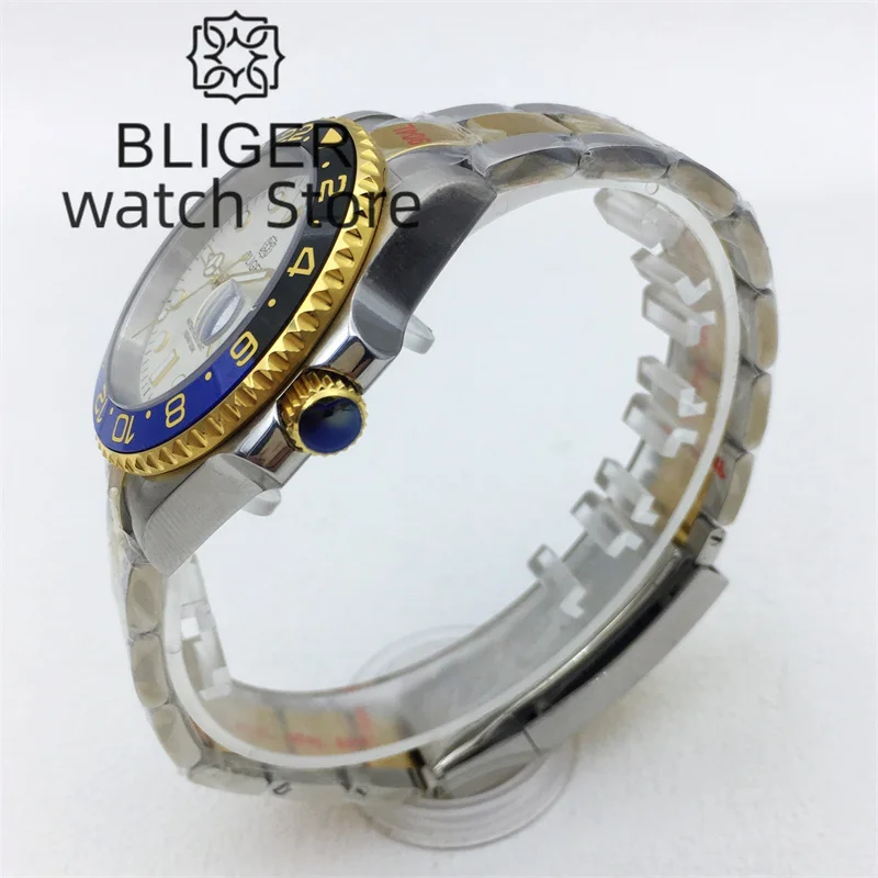BLIGER 40mm NH34 GMT Caja giratoria dorada de dos tonos para hombre Pulsera de acero inoxidable Bisel de cerámica de cristal de zafiro Esfera luminosa blanca