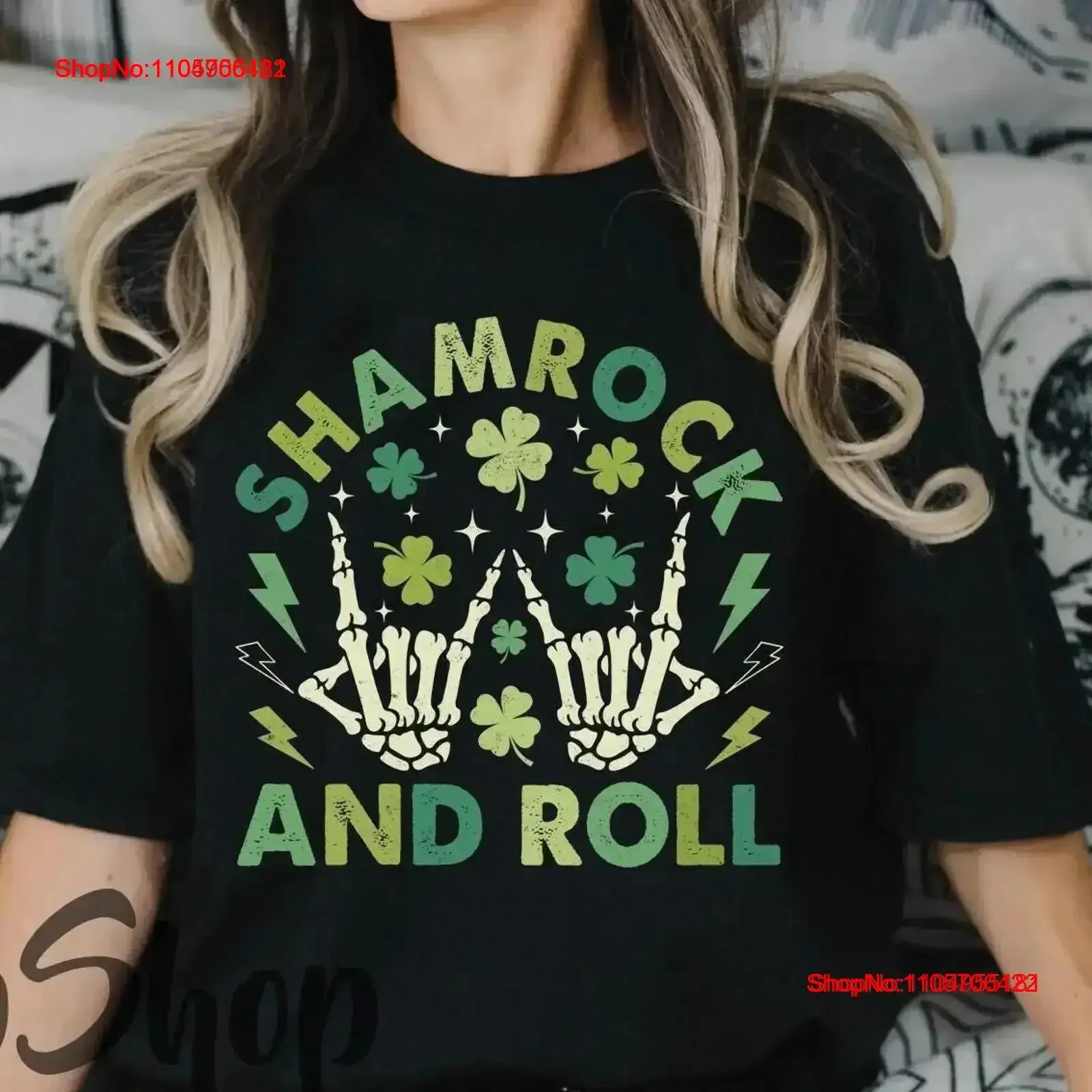 Shamrock and Roll T Shirt Lucky Skeleton Hand Rock Clover Irish Day St Paddy's vintage Washed Top For Everyday Wear Soft