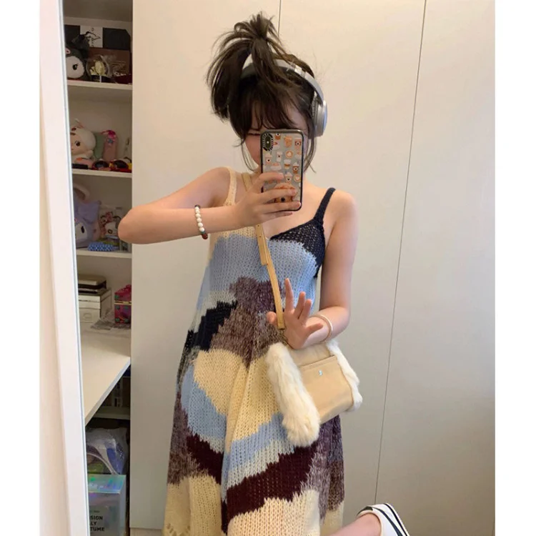 Korobov V Neck Long Skirt Tie-dye Contrast Color Slip Dress Female Loose Knitted Y2k Dresses for Women Korean Fashion Vestidos