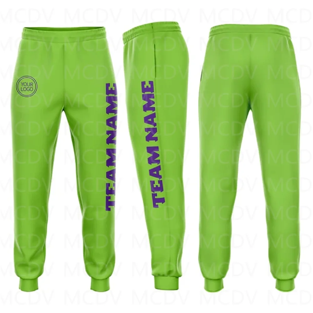 Custom Neon Green Purple Fleece Jogger Sweatpants 3D Printed Casual Unisex Jogging Trousers Loose Sports Pants