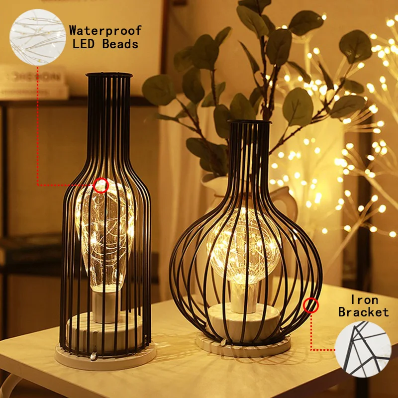 좋은 1PC 실내 철 와이어 케이지 디자인 야간 조명, 배터리 구동 LED 램프, 침실, 거실 용 장식 테이블 조명